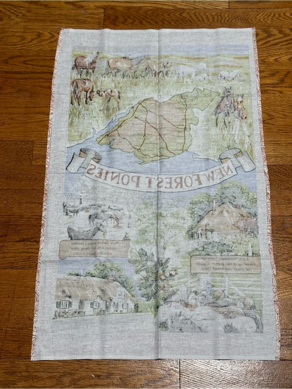 VTG New Forest Ponies Souvenir Tea Towel All Cotton Made in Britain Map (Vista)
